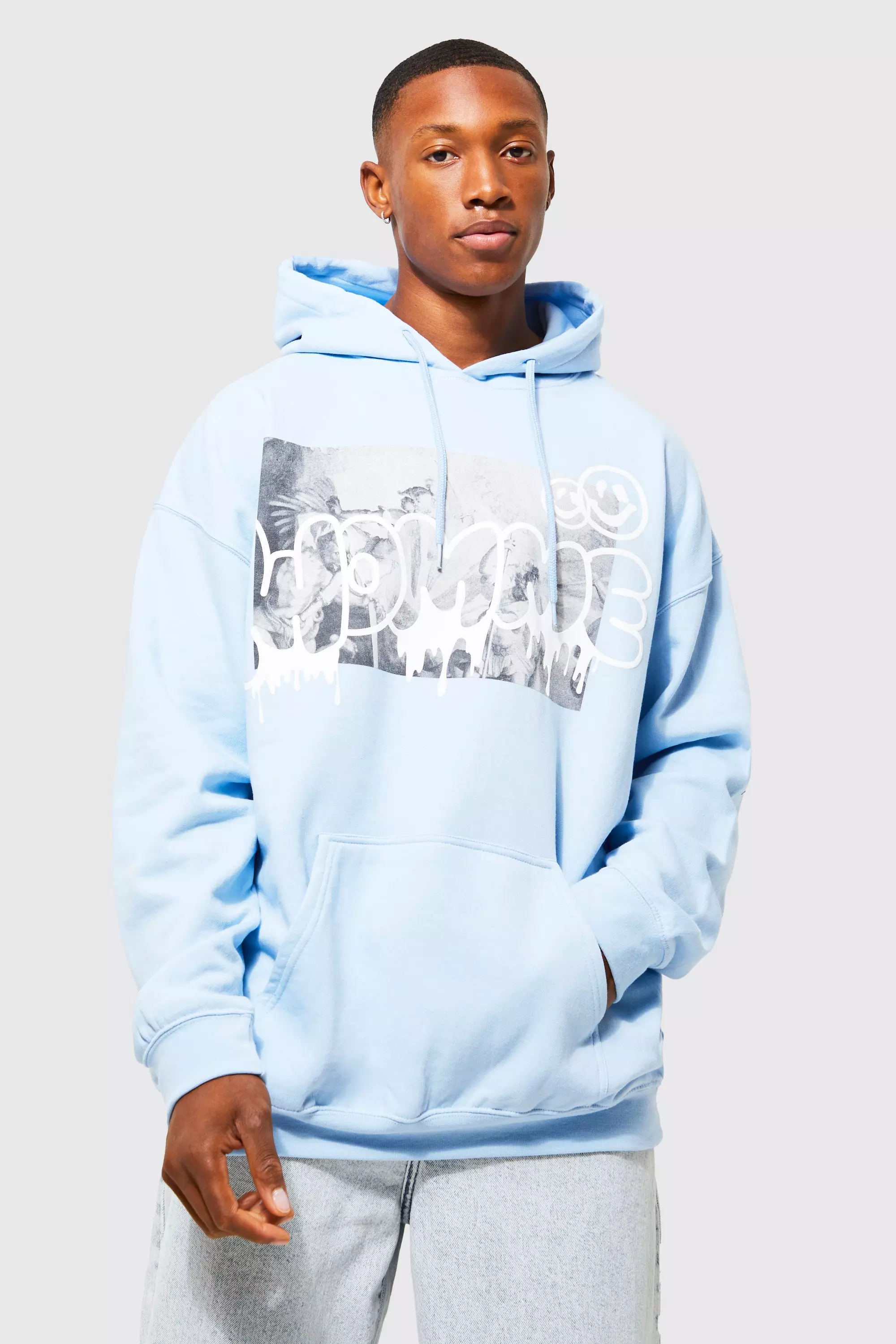 Light blue graphic hoodie sale